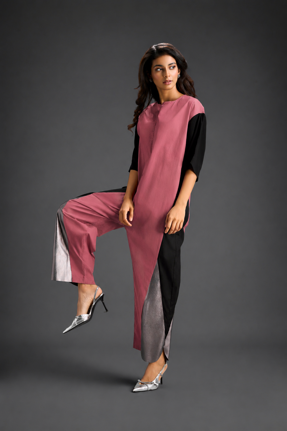 Colorblock Jumpsuit In Pink, Black & Metallic Panels With Relaxed Fit