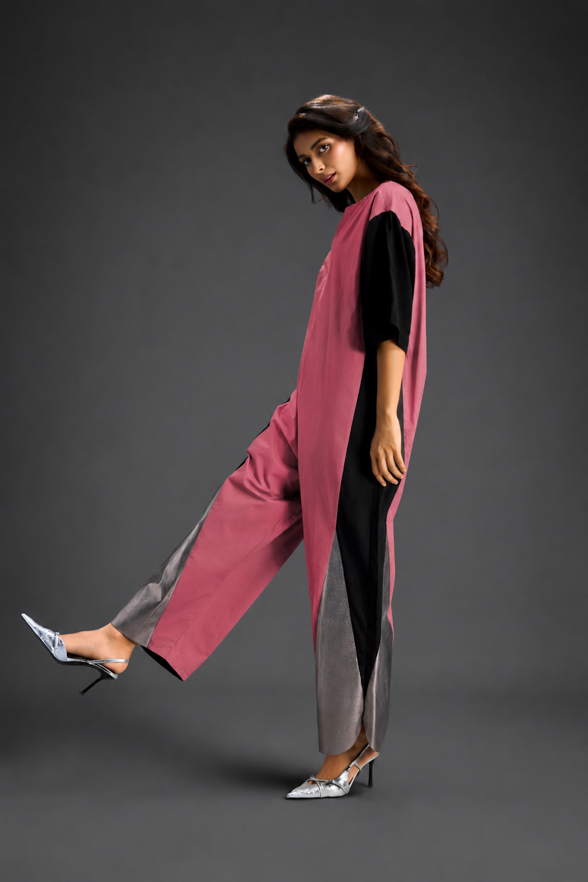 Colorblock Jumpsuit In Pink, Black & Metallic Panels With Relaxed Fit