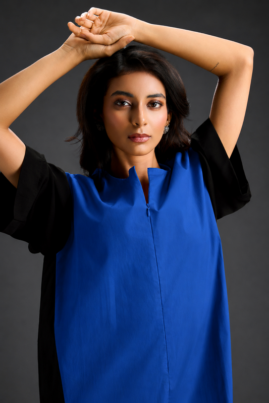 Colorblock Jumpsuit In Blue, Black & Metallic Panels With Relaxed Fit
