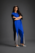 Load image into Gallery viewer, Colorblock Jumpsuit In Blue, Black & Metallic Panels With Relaxed Fit

