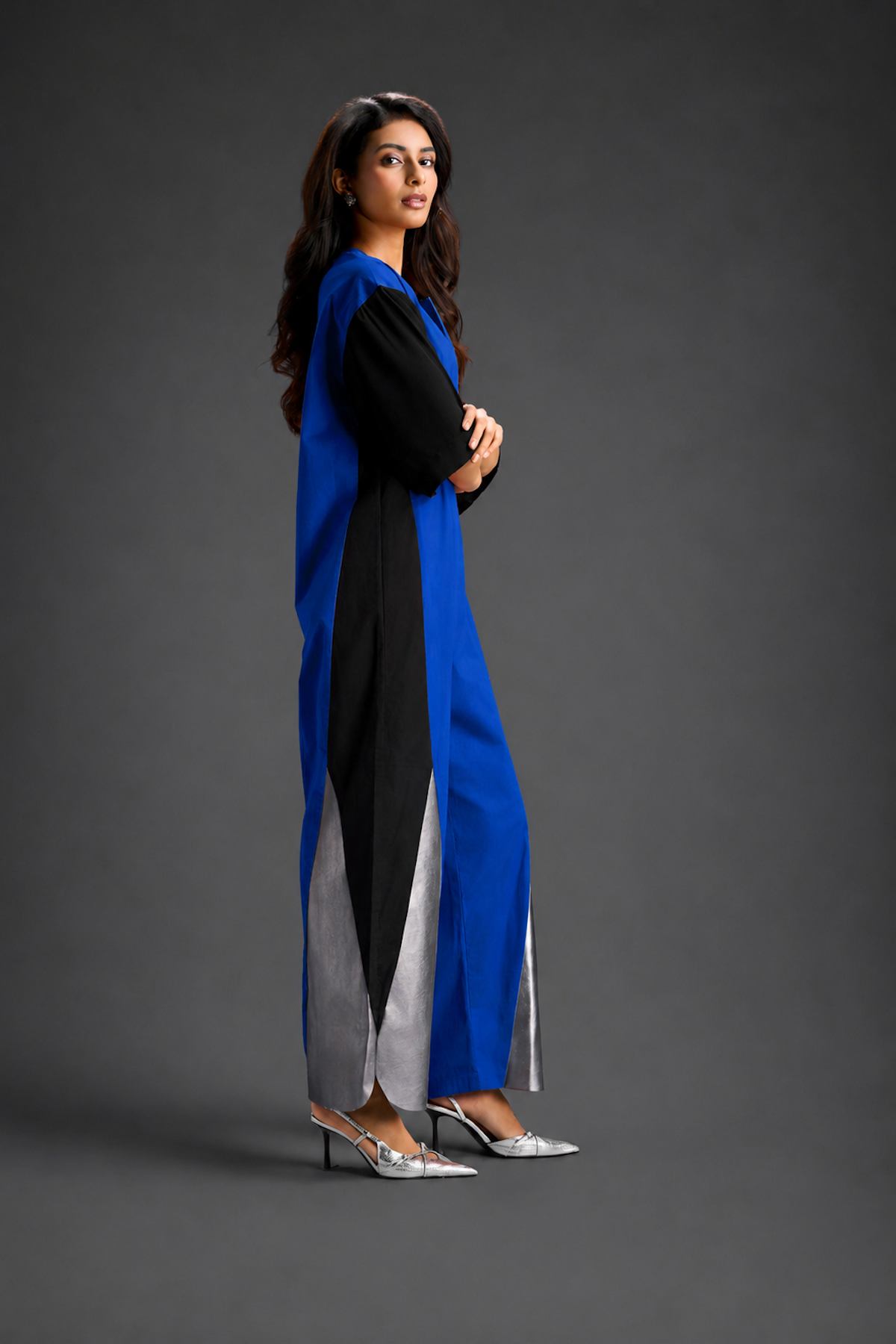 Colorblock Jumpsuit In Blue, Black & Metallic Panels With Relaxed Fit