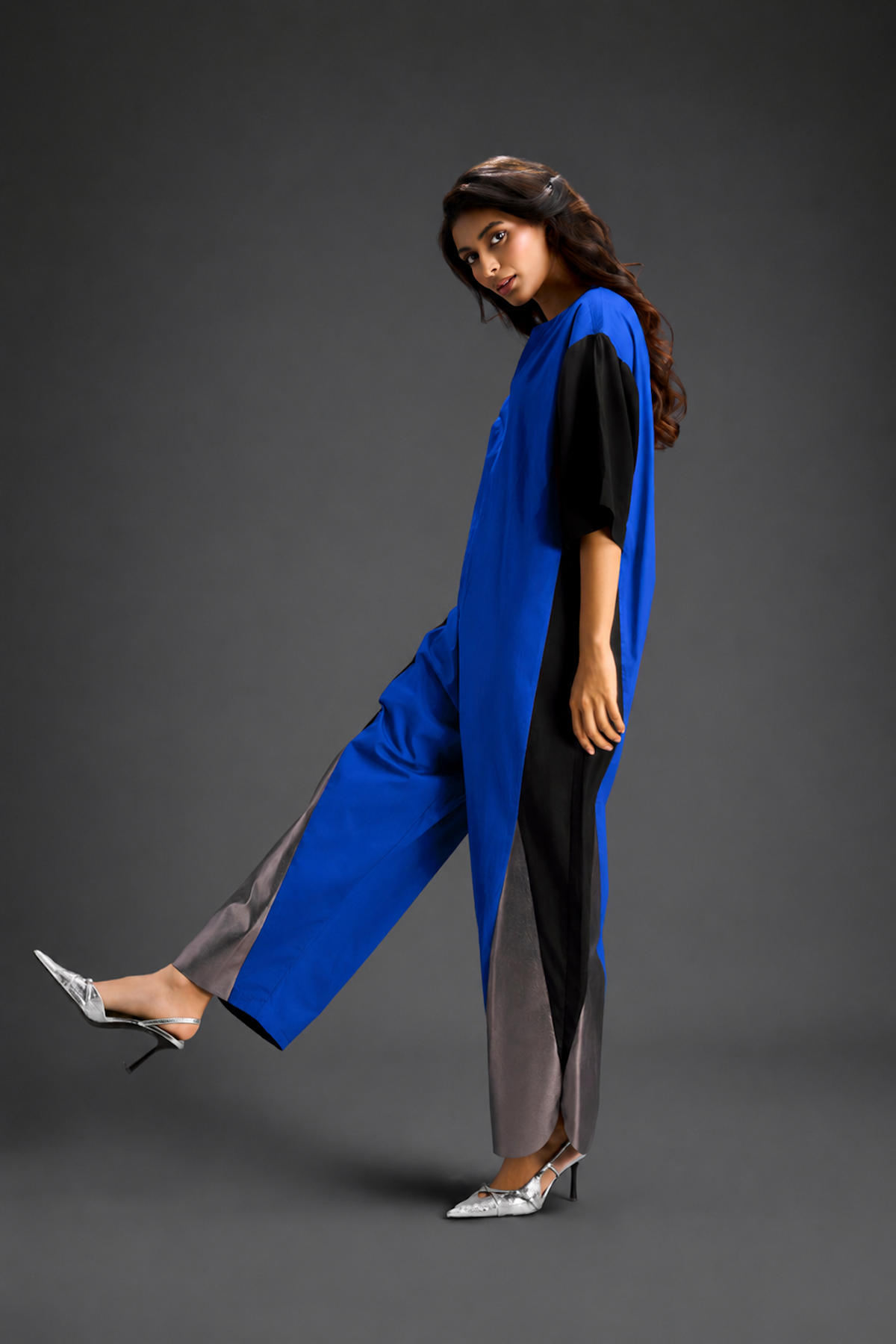 Colorblock Jumpsuit In Blue, Black & Metallic Panels With Relaxed Fit