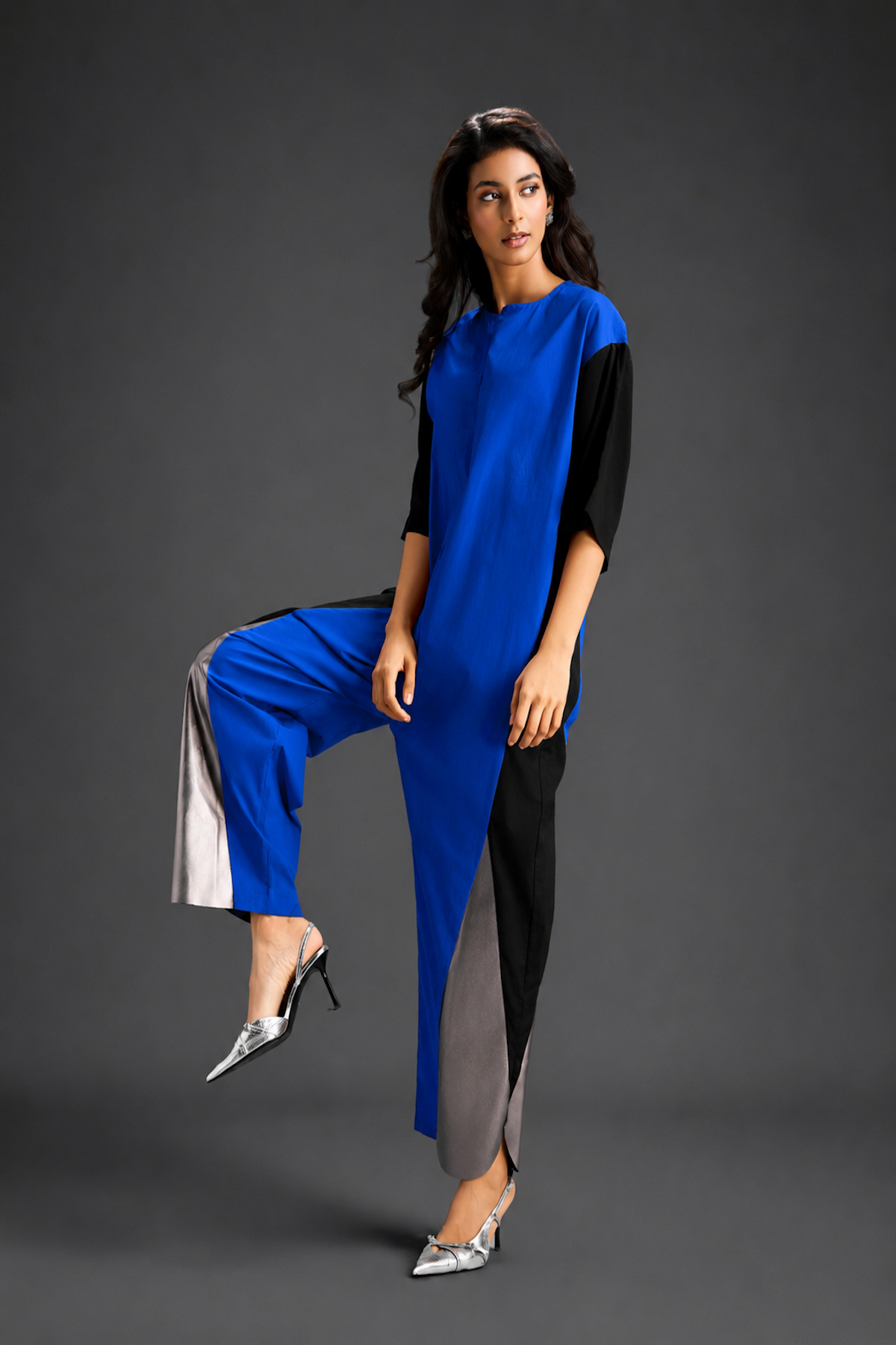 Colorblock Jumpsuit In Blue, Black & Metallic Panels With Relaxed Fit