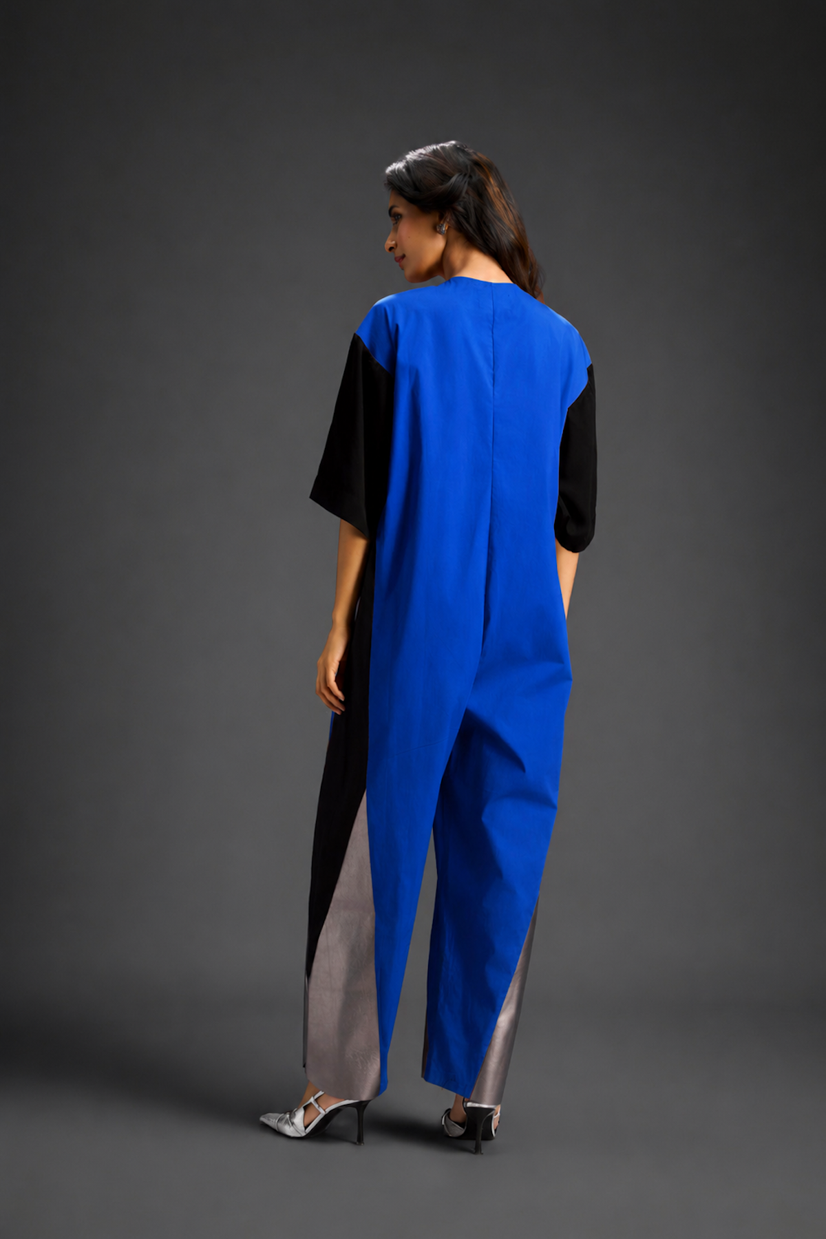 Colorblock Jumpsuit In Blue, Black & Metallic Panels With Relaxed Fit