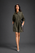 Load image into Gallery viewer, Dark Green Shirt Romper With Drawstring Waist, Black Details, And Metallic Side Panels
