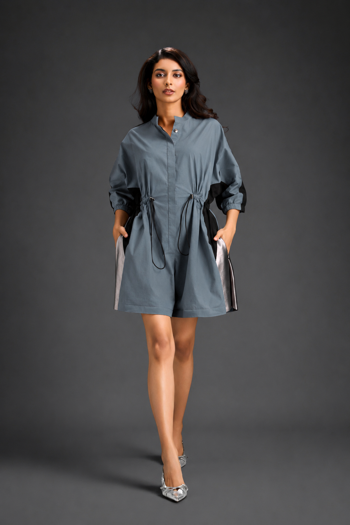 Cool Grey Shirt Romper With Drawstring Waist, Black Details, And Metallic Side Panels