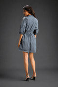 Load image into Gallery viewer, Cool Grey Shirt Romper With Drawstring Waist, Black Details, And Metallic Side Panels
