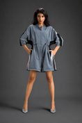 Load image into Gallery viewer, Cool Grey Shirt Romper With Drawstring Waist, Black Details, And Metallic Side Panels

