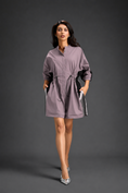 Load image into Gallery viewer, Ash Pink Shirt Romper With Drawstring Waist, Black Details, And Metallic Side Panels
