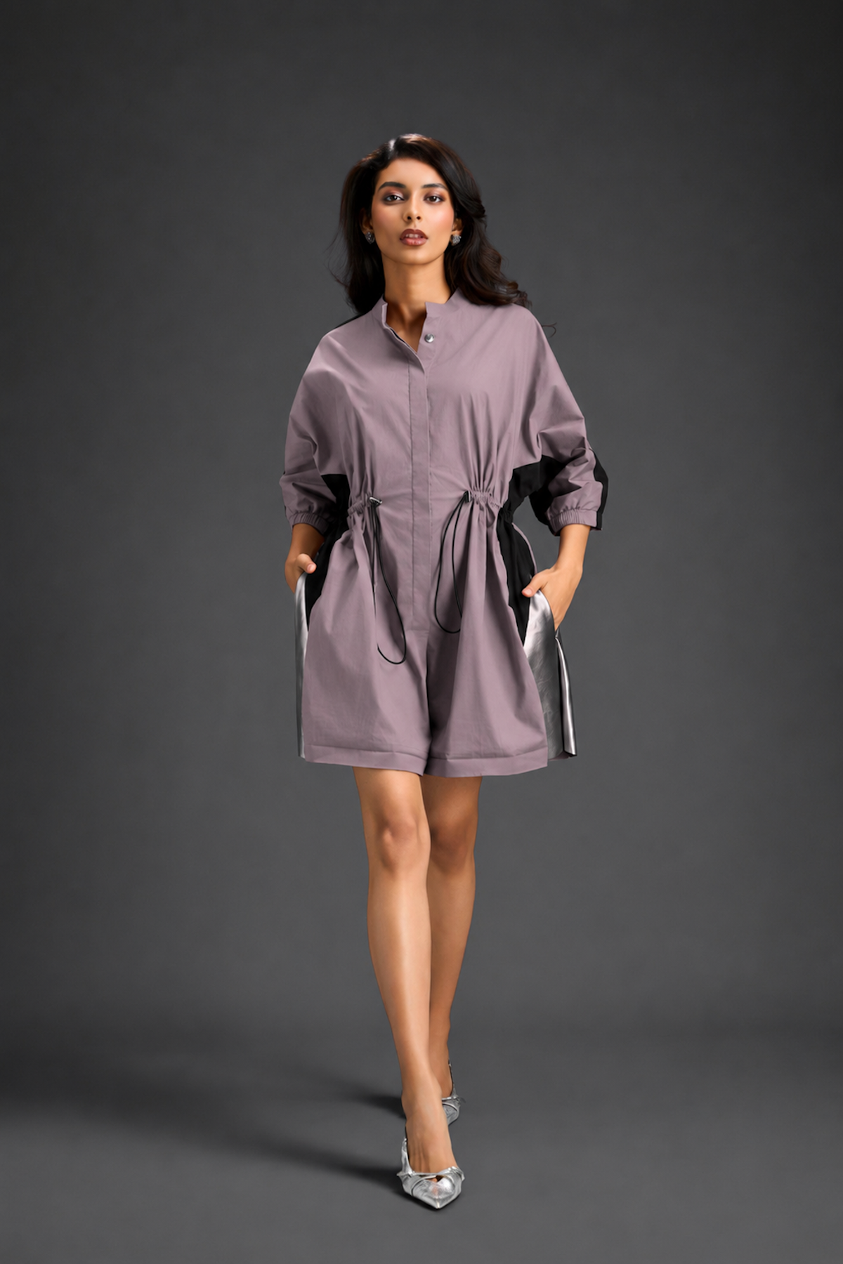 Ash Pink Shirt Romper With Drawstring Waist, Black Details, And Metallic Side Panels