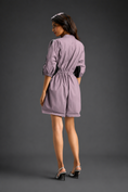 Load image into Gallery viewer, Ash Pink Shirt Romper With Drawstring Waist, Black Details, And Metallic Side Panels
