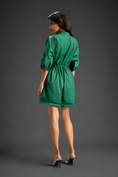 Load image into Gallery viewer, Parrot Green  Shirt Romper With Drawstring Waist, Black Details, And Metallic Side Panels

