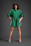 Load image into Gallery viewer, Parrot Green  Shirt Romper With Drawstring Waist, Black Details, And Metallic Side Panels
