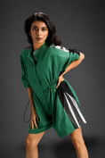 Load image into Gallery viewer, Parrot Green  Shirt Romper With Drawstring Waist, Black Details, And Metallic Side Panels
