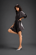 Load image into Gallery viewer, Dark Brown Shirt Romper With Drawstring Waist, Black Details, And Metallic Side Panels
