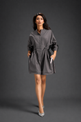 Load image into Gallery viewer, Warm Grey  Shirt Romper With Drawstring Waist, Black Details, And Metallic Side Panels
