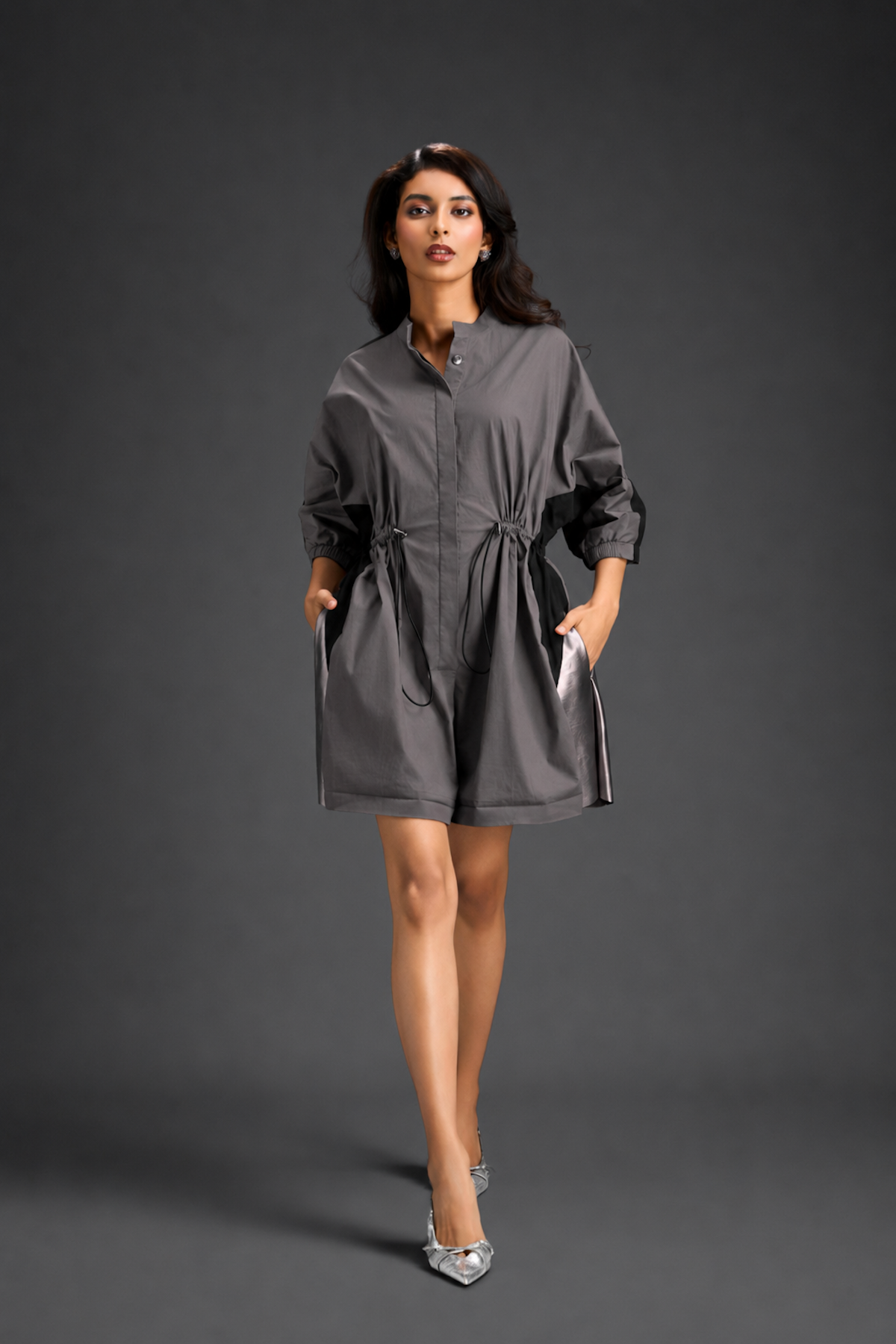 Warm Grey  Shirt Romper With Drawstring Waist, Black Details, And Metallic Side Panels