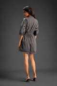Load image into Gallery viewer, Warm Grey  Shirt Romper With Drawstring Waist, Black Details, And Metallic Side Panels
