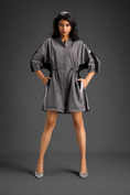 Load image into Gallery viewer, Warm Grey  Shirt Romper With Drawstring Waist, Black Details, And Metallic Side Panels
