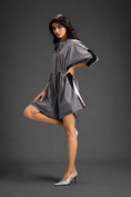 Load image into Gallery viewer, Warm Grey  Shirt Romper With Drawstring Waist, Black Details, And Metallic Side Panels
