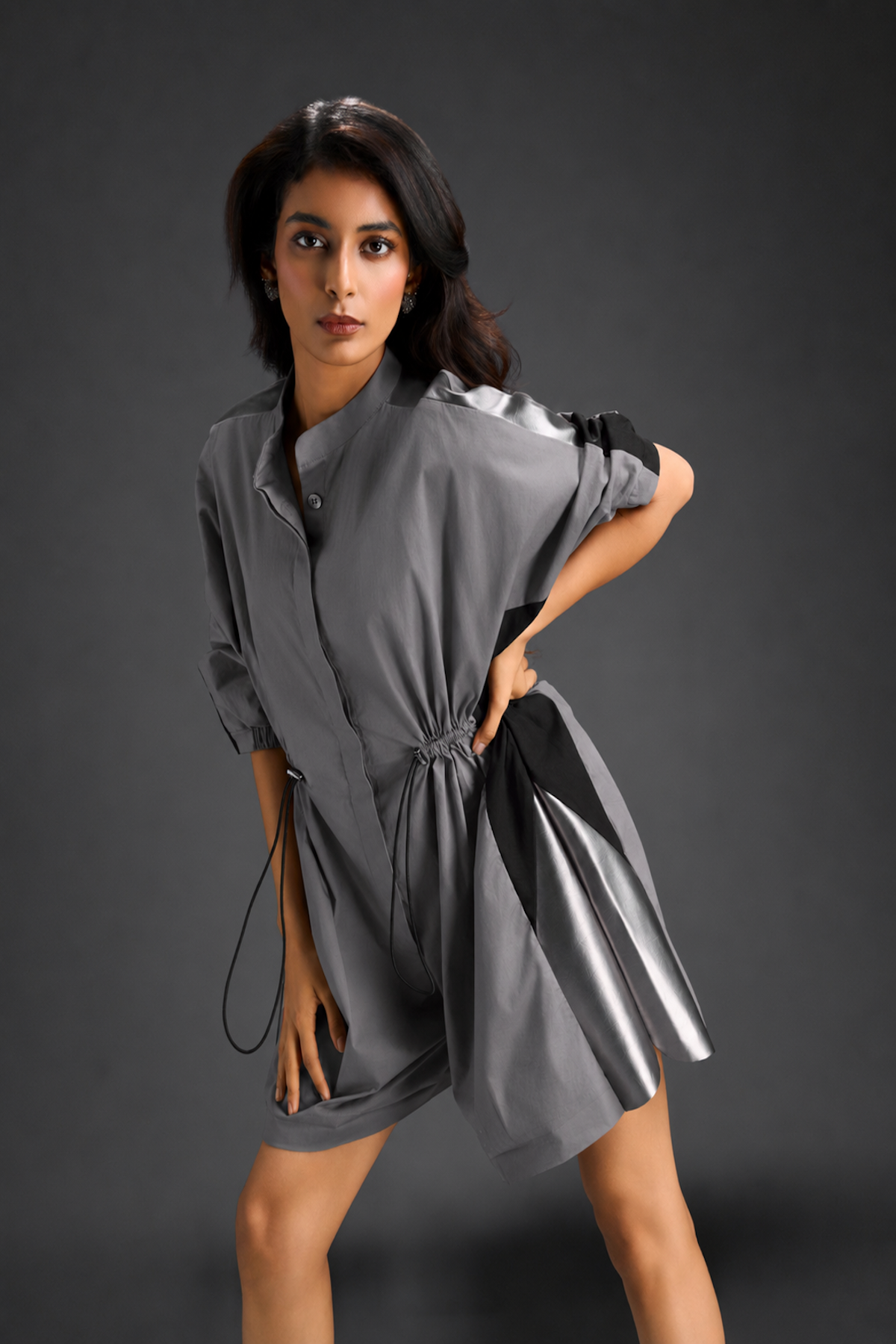 Warm Grey  Shirt Romper With Drawstring Waist, Black Details, And Metallic Side Panels