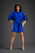 Load image into Gallery viewer, Blue Shirt Romper With Drawstring Waist, Black Details, And Metallic Side Panels
