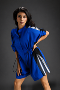 Load image into Gallery viewer, Blue Shirt Romper With Drawstring Waist, Black Details, And Metallic Side Panels

