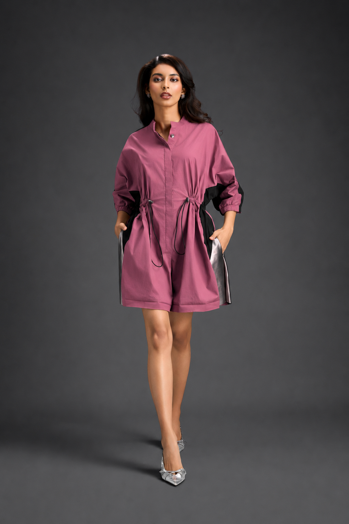 Pink  Shirt Romper With Drawstring Waist, Black Details, And Metallic Side Panels