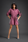 Load image into Gallery viewer, Pink  Shirt Romper With Drawstring Waist, Black Details, And Metallic Side Panels
