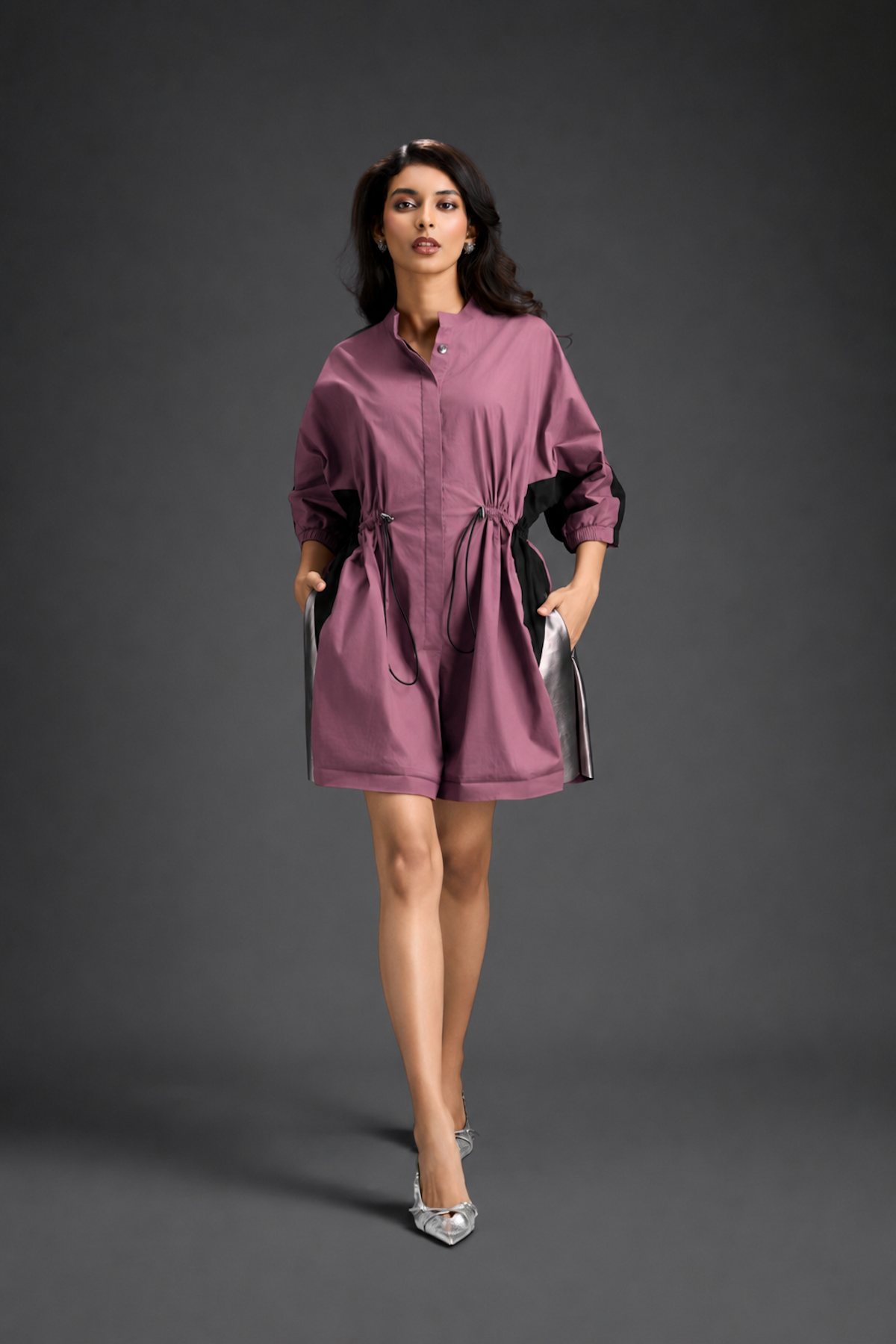 Pink  Shirt Romper With Drawstring Waist, Black Details, And Metallic Side Panels