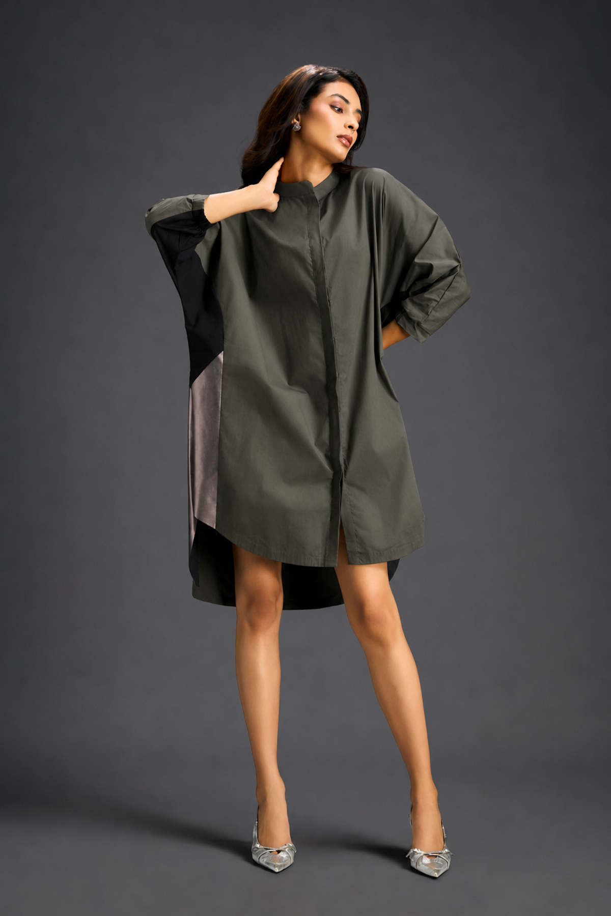 Oversized Dark Green Shirt Dress With Black And Metallic Side Panels