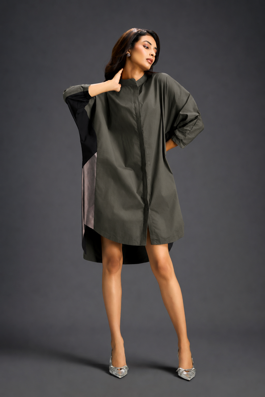 Oversized Dark Green Shirt Dress With Black And Metallic Side Panels