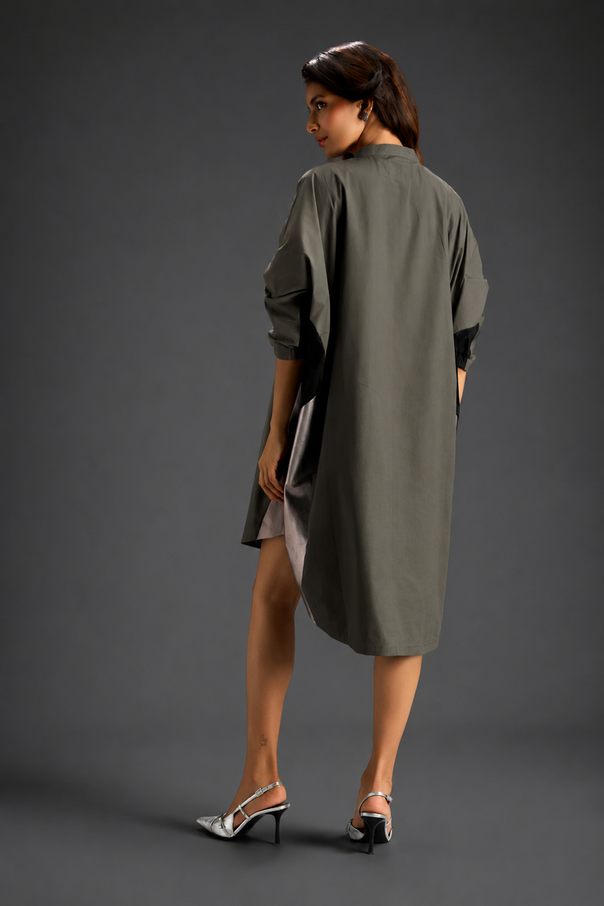 Oversized Dark Green Shirt Dress With Black And Metallic Side Panels
