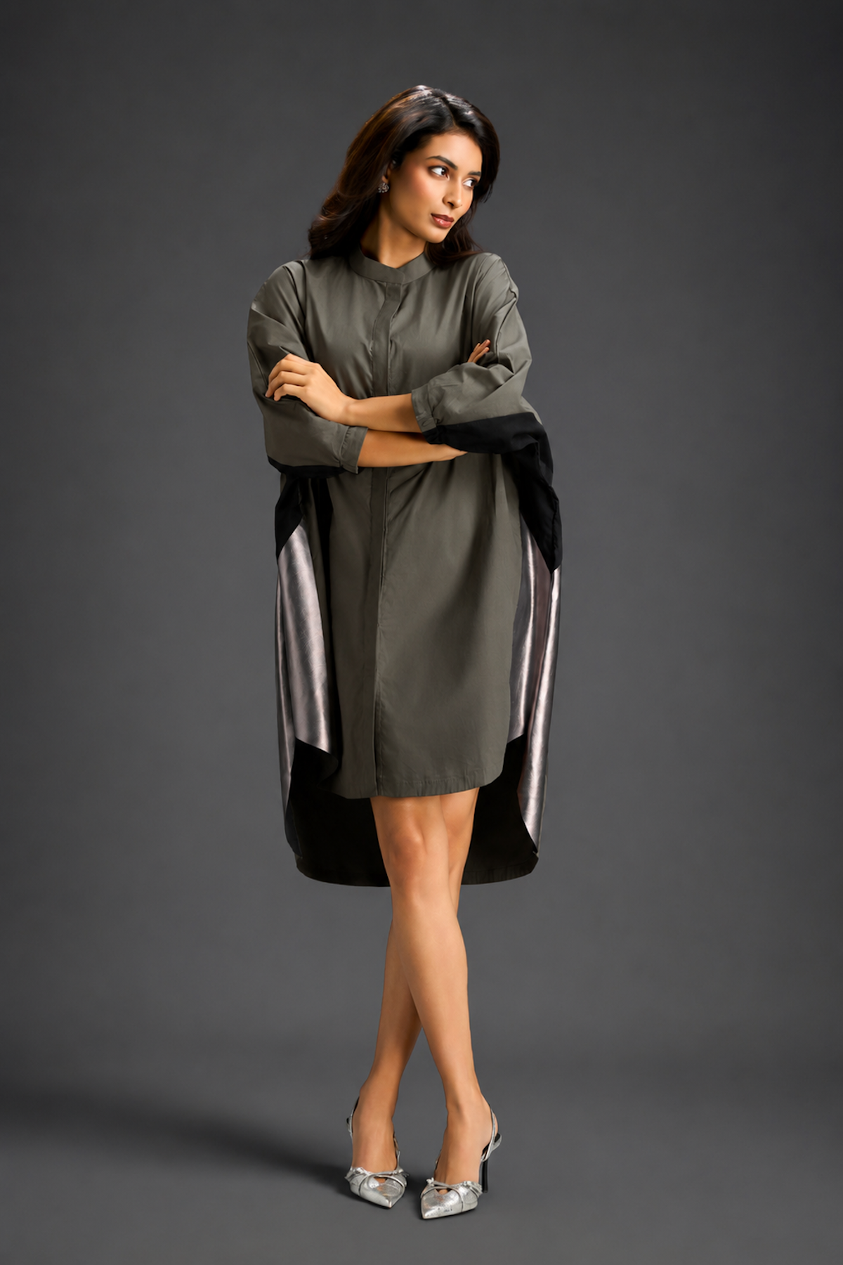 Oversized Dark Green Shirt Dress With Black And Metallic Side Panels