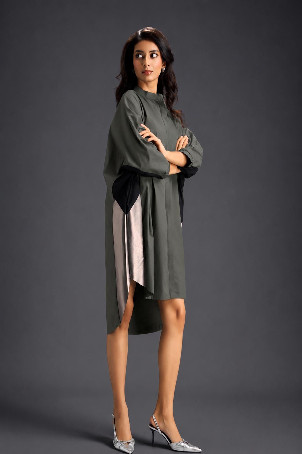 Oversized Dark Green Shirt Dress With Black And Metallic Side Panels