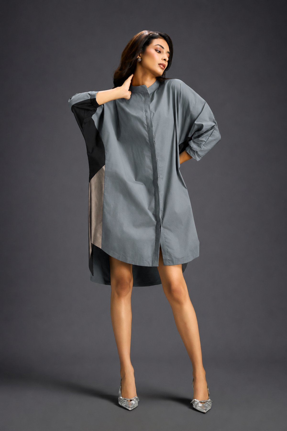 Oversized Cool Grey Shirt Dress With Black And Metallic Side Panels