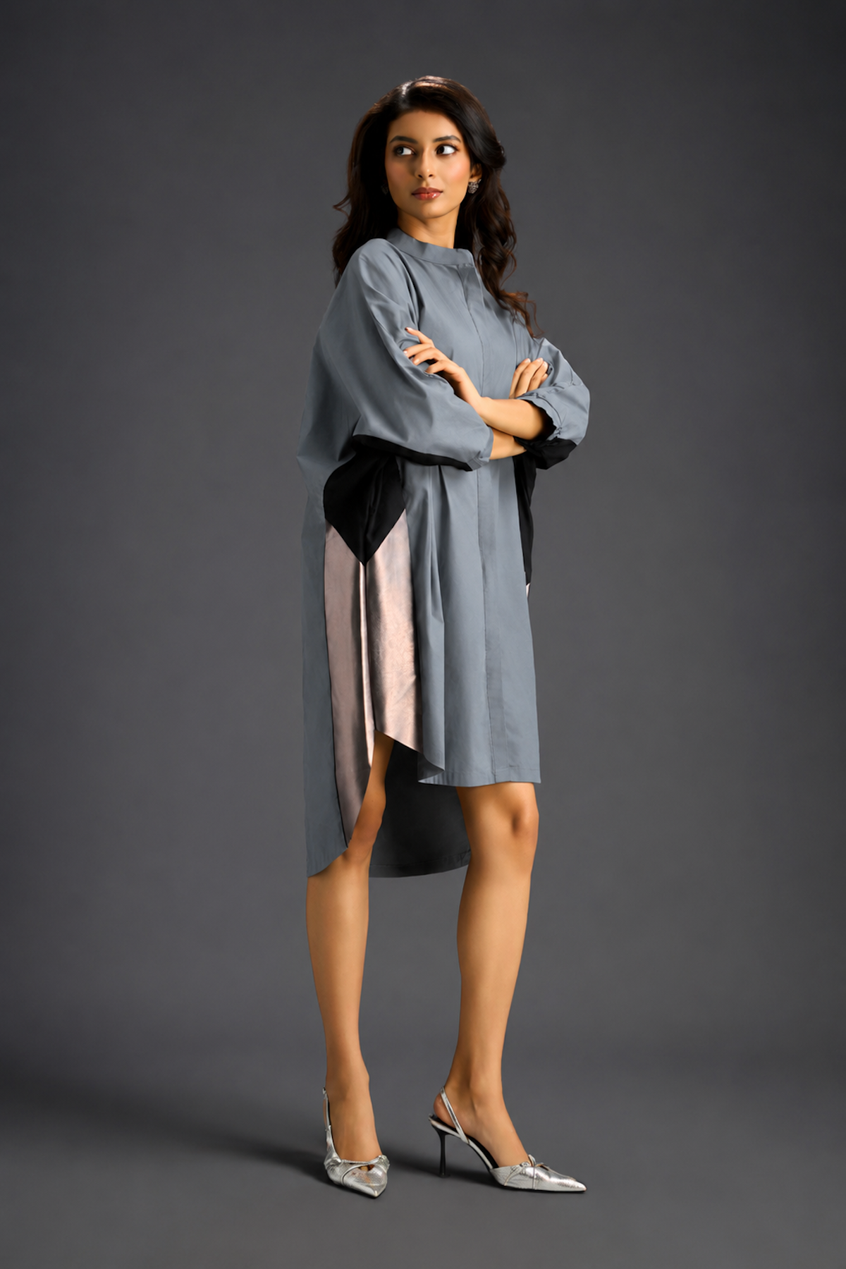 Oversized Cool Grey Shirt Dress With Black And Metallic Side Panels