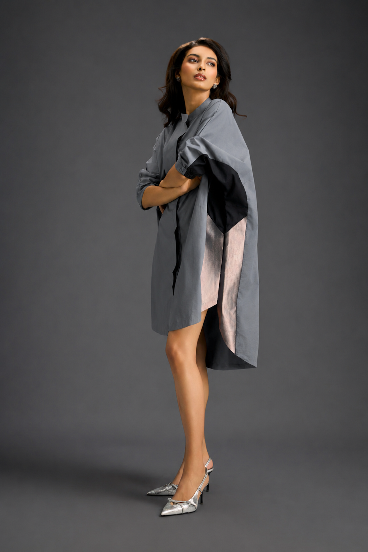 Oversized Cool Grey Shirt Dress With Black And Metallic Side Panels