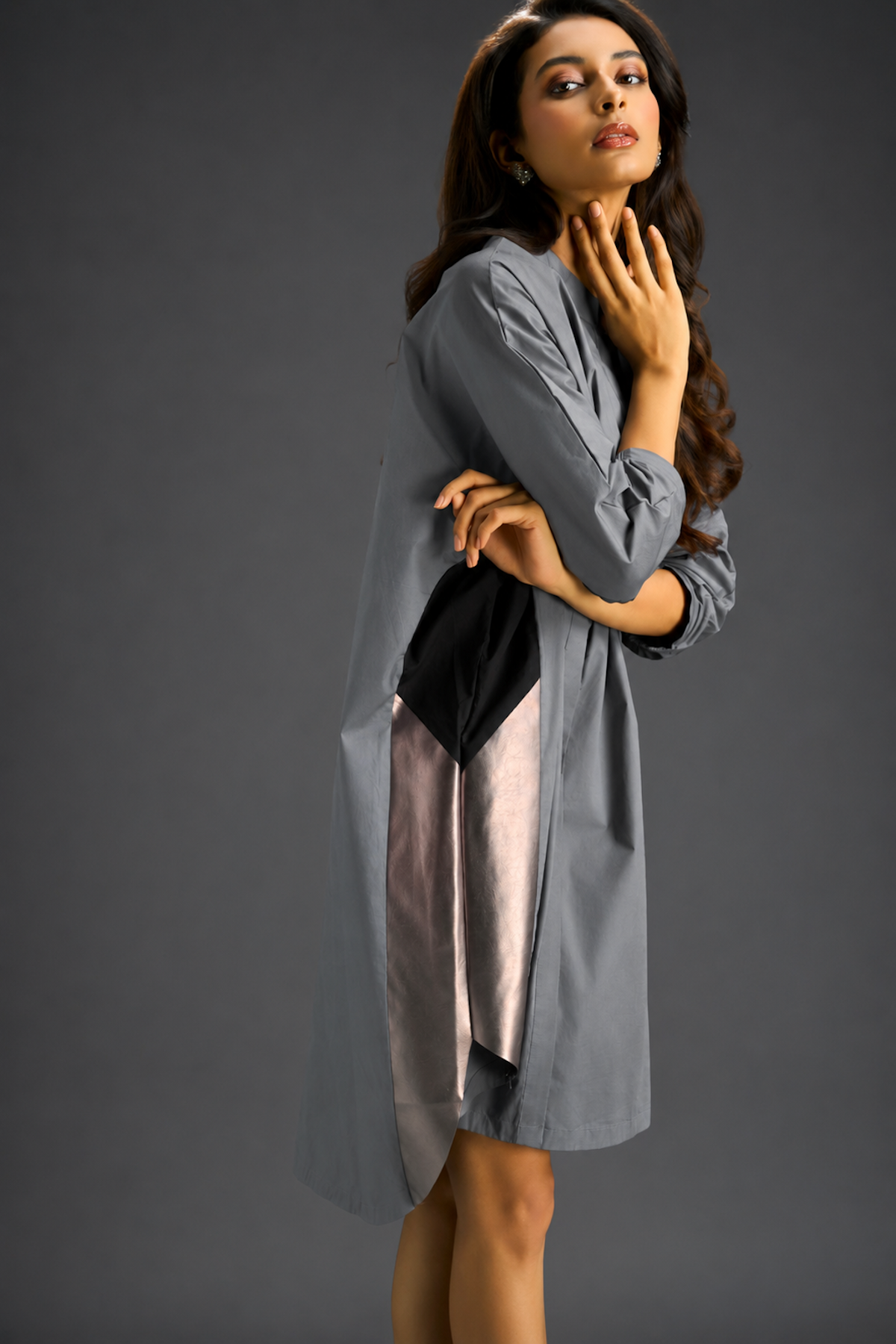 Oversized Cool Grey Shirt Dress With Black And Metallic Side Panels