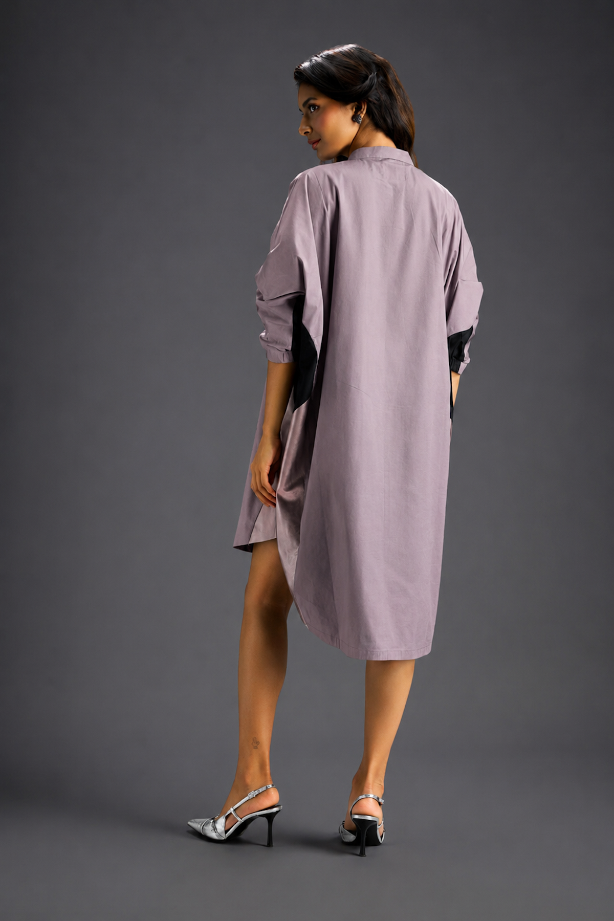 Oversized Ash Pink Shirt Dress With Black And Metallic Side Panels
