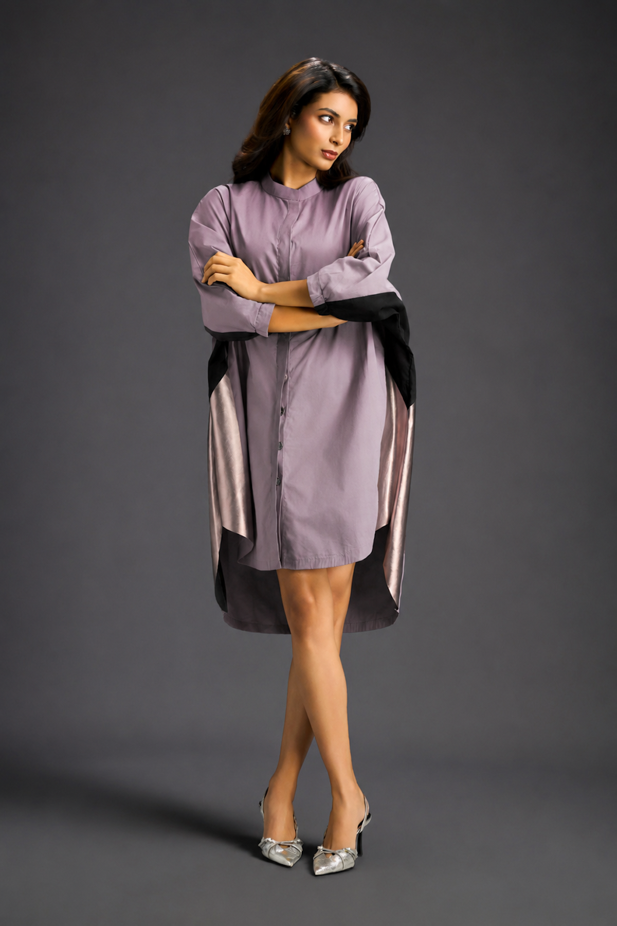 Oversized Ash Pink Shirt Dress With Black And Metallic Side Panels