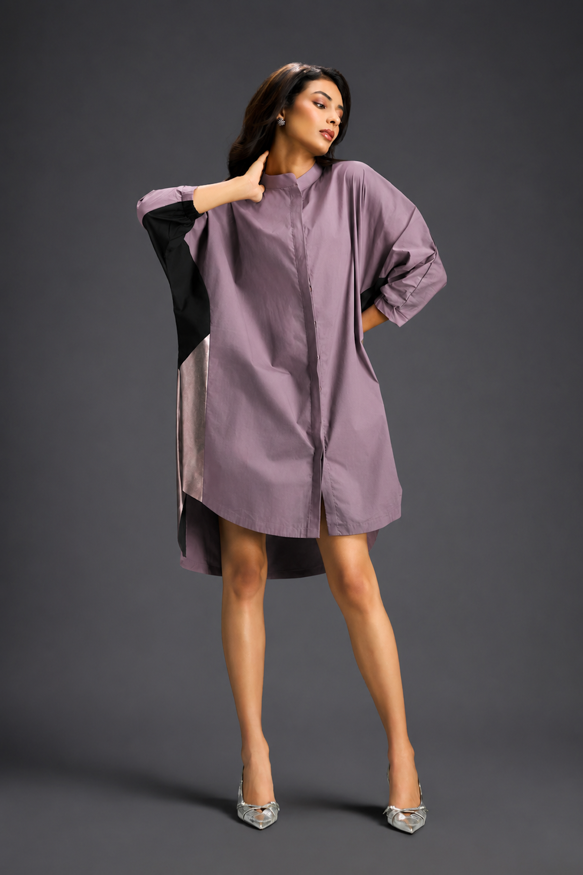 Oversized Ash Pink Shirt Dress With Black And Metallic Side Panels