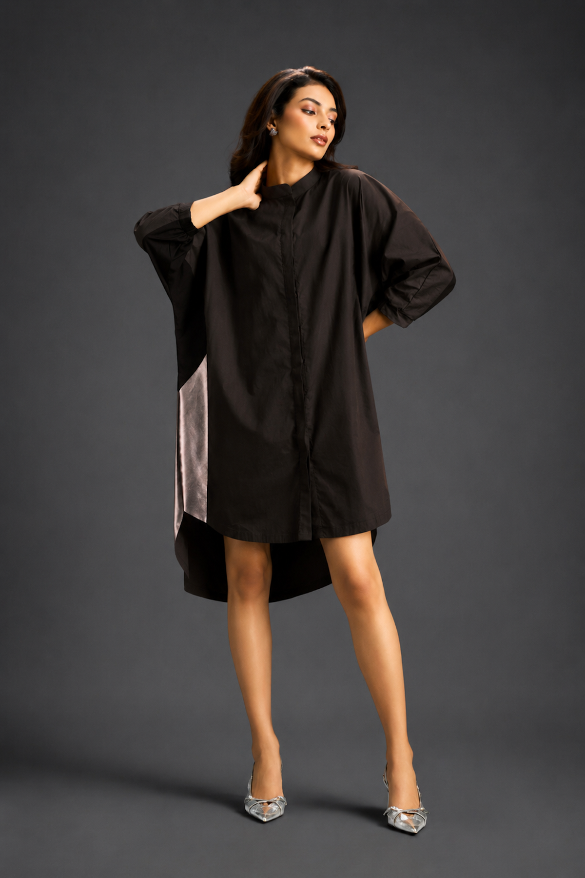 Oversized Dark Brown Shirt Dress With Black And Metallic Side Panels