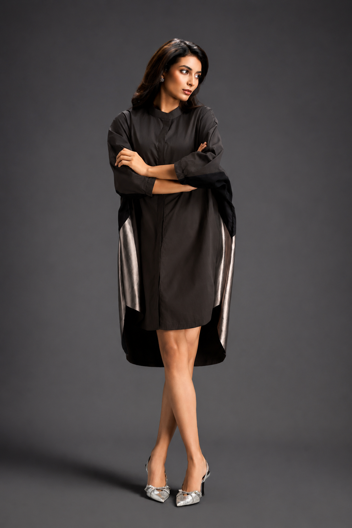 Oversized Dark Brown Shirt Dress With Black And Metallic Side Panels