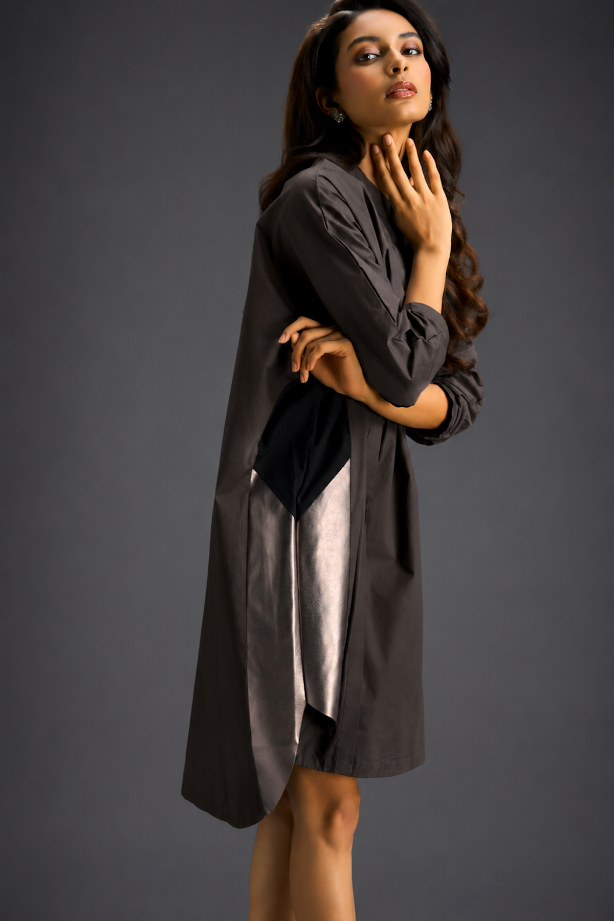 Oversized Dark Brown Shirt Dress With Black And Metallic Side Panels