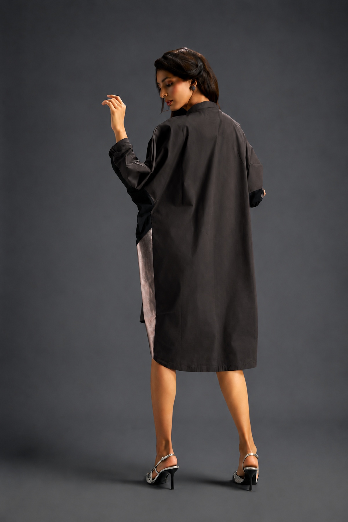 Oversized Dark Brown Shirt Dress With Black And Metallic Side Panels