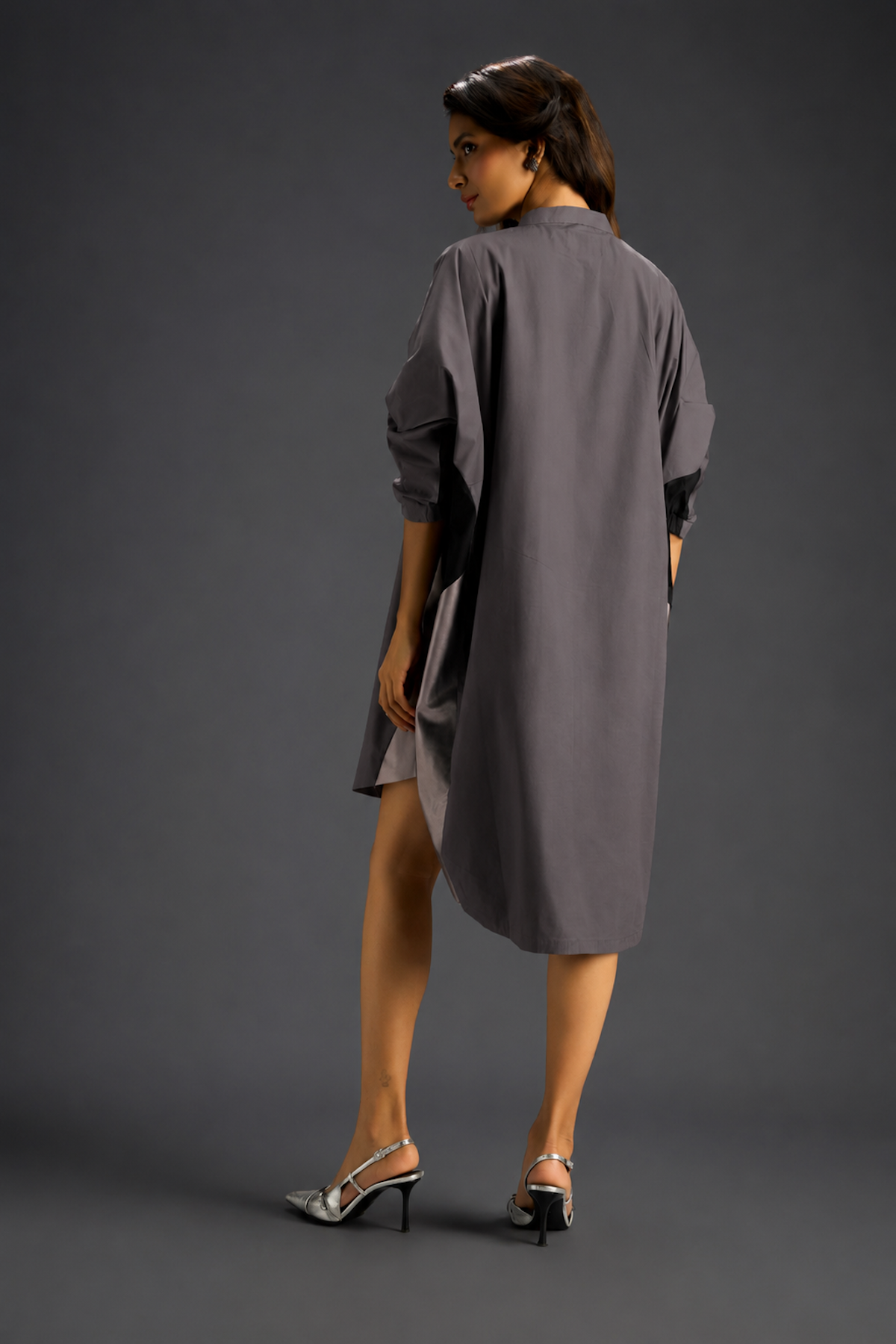 Oversized Warm Grey Shirt Dress With Black And Metallic Side Panels