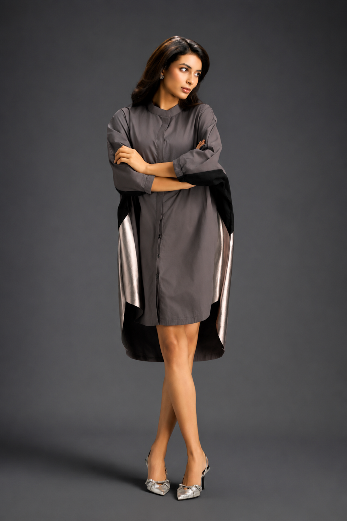 Oversized Warm Grey Shirt Dress With Black And Metallic Side Panels