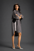 Load image into Gallery viewer, Oversized Warm Grey Shirt Dress With Black And Metallic Side Panels

