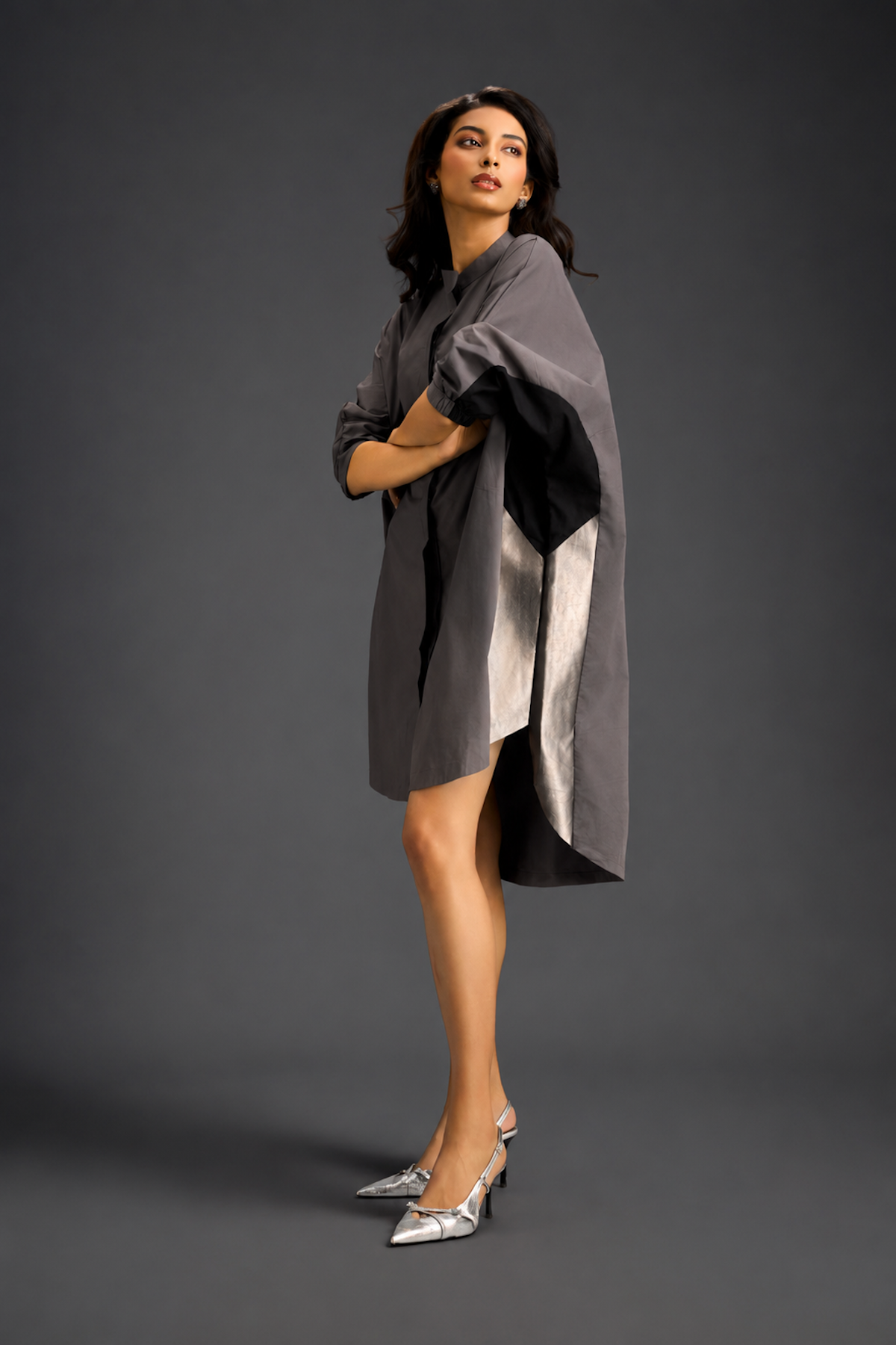 Oversized Warm Grey Shirt Dress With Black And Metallic Side Panels